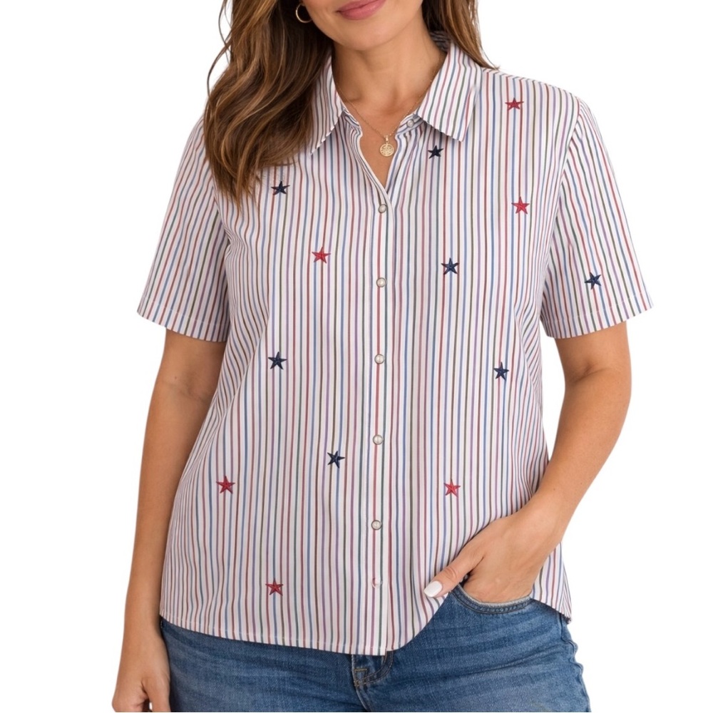 Alfred Dunner Patriotic Striped Star Button Snap Shirt Top 16W